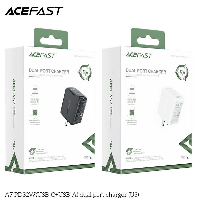 Adapter Sạc Acefast PD 3.0 32W 2 Cổng USB Type-C USB A Chuôi Dẹt US A7 - Hàng Chính Hãng