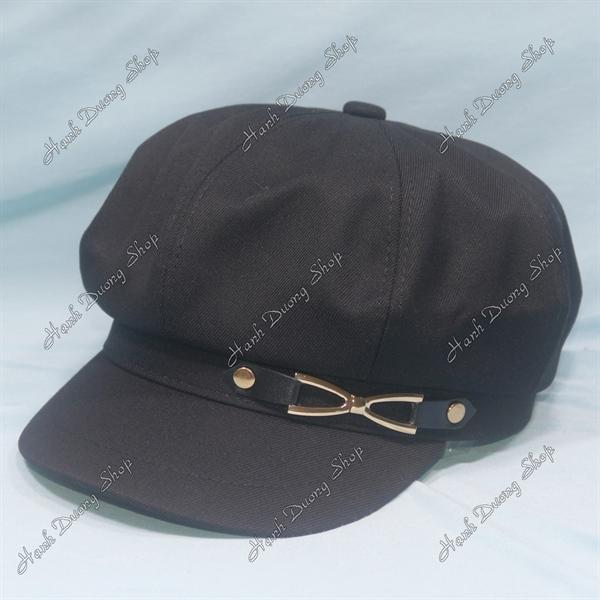 Nón mỏ vịt nữ gắn mặt sắt nơ phía trước, nón beret nữ hàng quảng châu phong cách cổ điển, nón nồi nữ, nón bí ngô, nón beret họa sĩ hàng quảng châu vòng đầu 57-58cm có 2 dây rút giảm size đầu - Đen