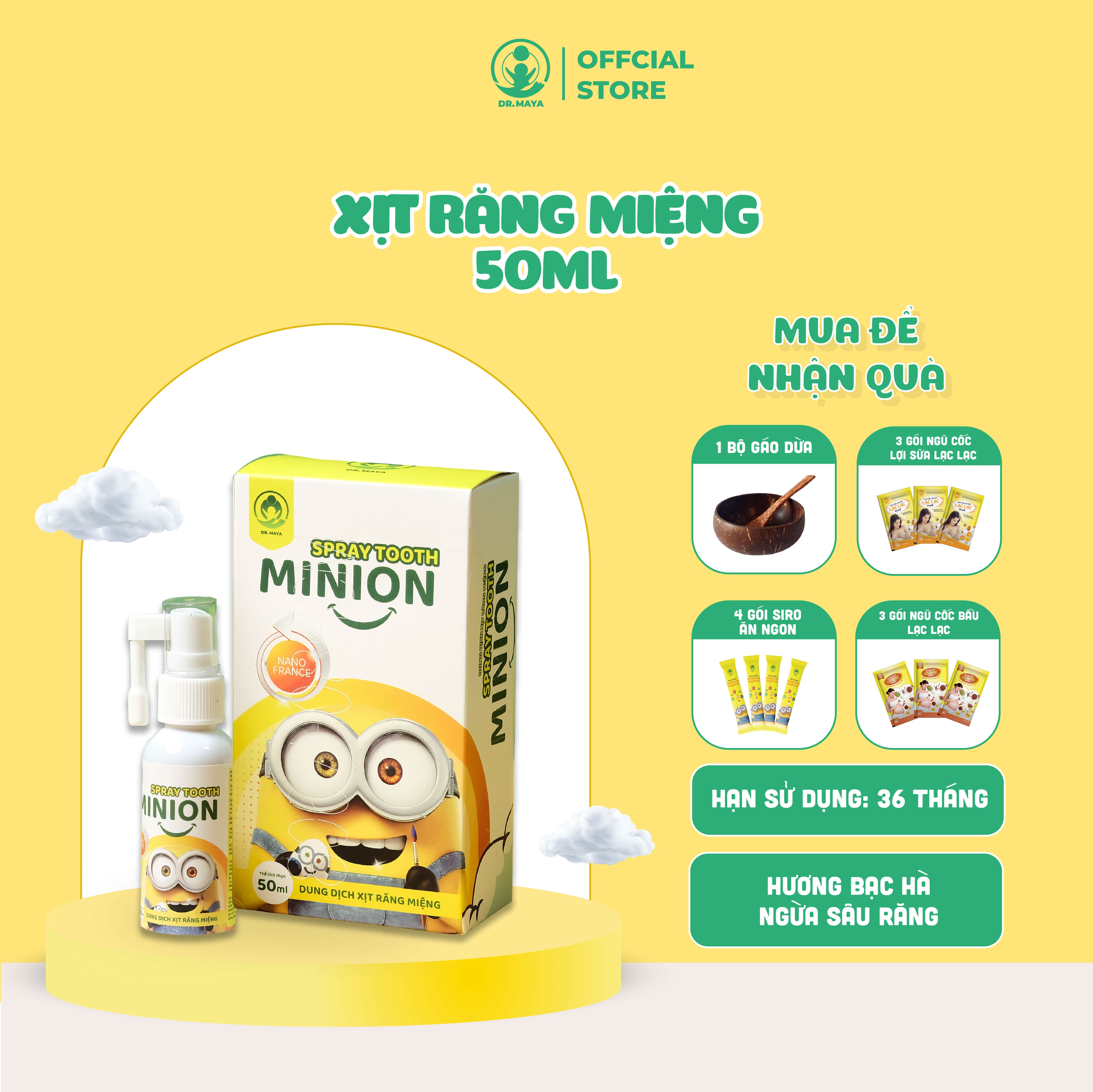 Xịt răng miệng Minion Gold Dr.maya hộp/50ml, Vệ sinh răng miệng ngăn ngừa sau răng cho bé từ 6 tháng tuổi