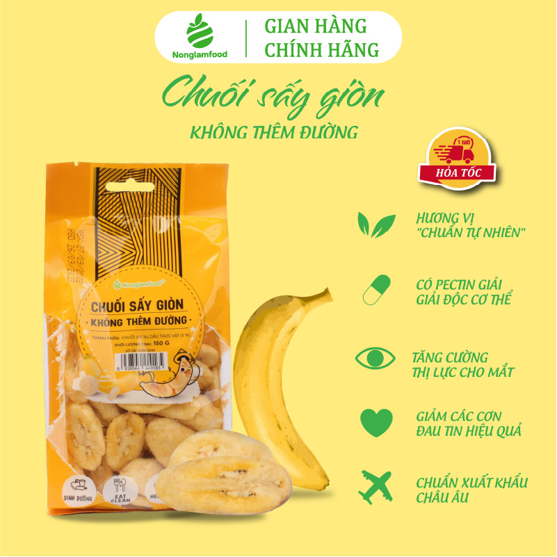 Chuối sấy giòn cao cấp không thêm đường, Nonglamfood túi 150g | Banana Chips | Đồ ăn vặt dinh dưỡng, thơm ngon thượng hạng