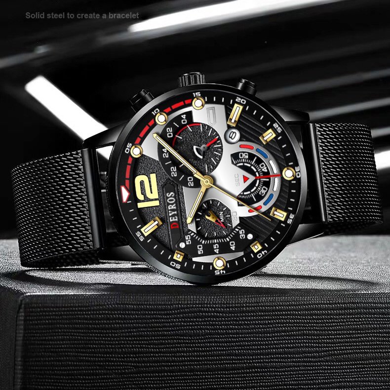 Đồng hồ nam cao cấp DEYROS dây thép mành đen chạy lịch ngày - Thiết kế thể thao và nam tính MS559
