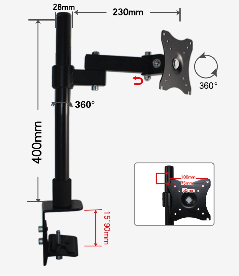 Giá treo màn hình xoay 360 độ - Chân đứng - Tay dài 23 cm, kẹp bàn, hàng nhập khẩu