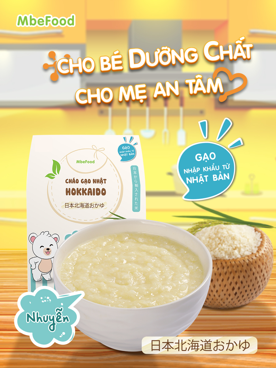 Cháo nhuyễn cho bé ăn dặm MbeFood Cháo gạo Nhật Hokkaido (Hộp 4 gói x 18g)