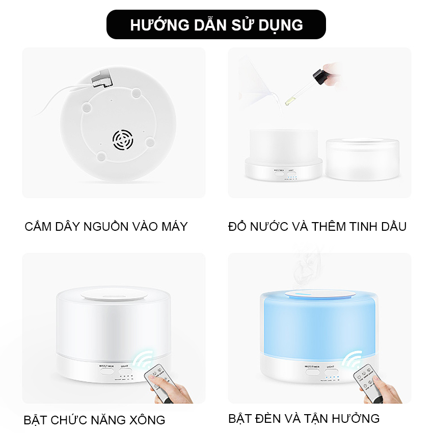 Máy xông tinh dầu trụ trong suốt 500ml có remote led nhiều màu tự động tắt khi hết nước Venado