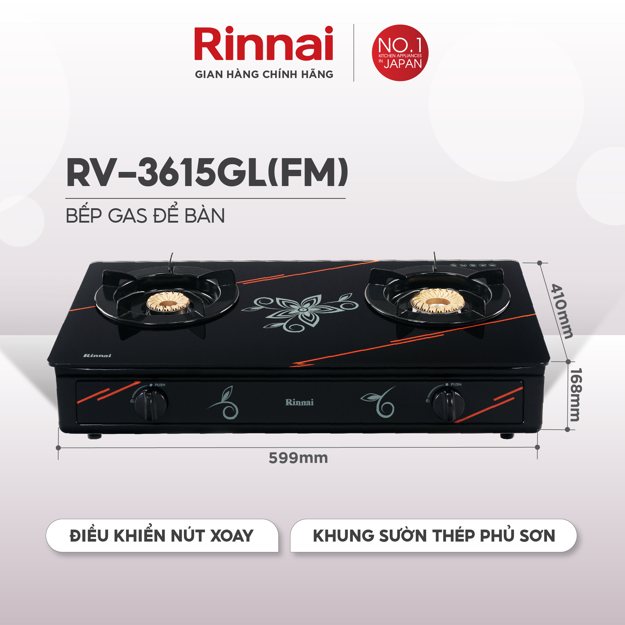 Bếp gas dương Rinnai RV-3615GL(FM) mặt bếp kính và kiềng bếp men - Hàng chính hãng.