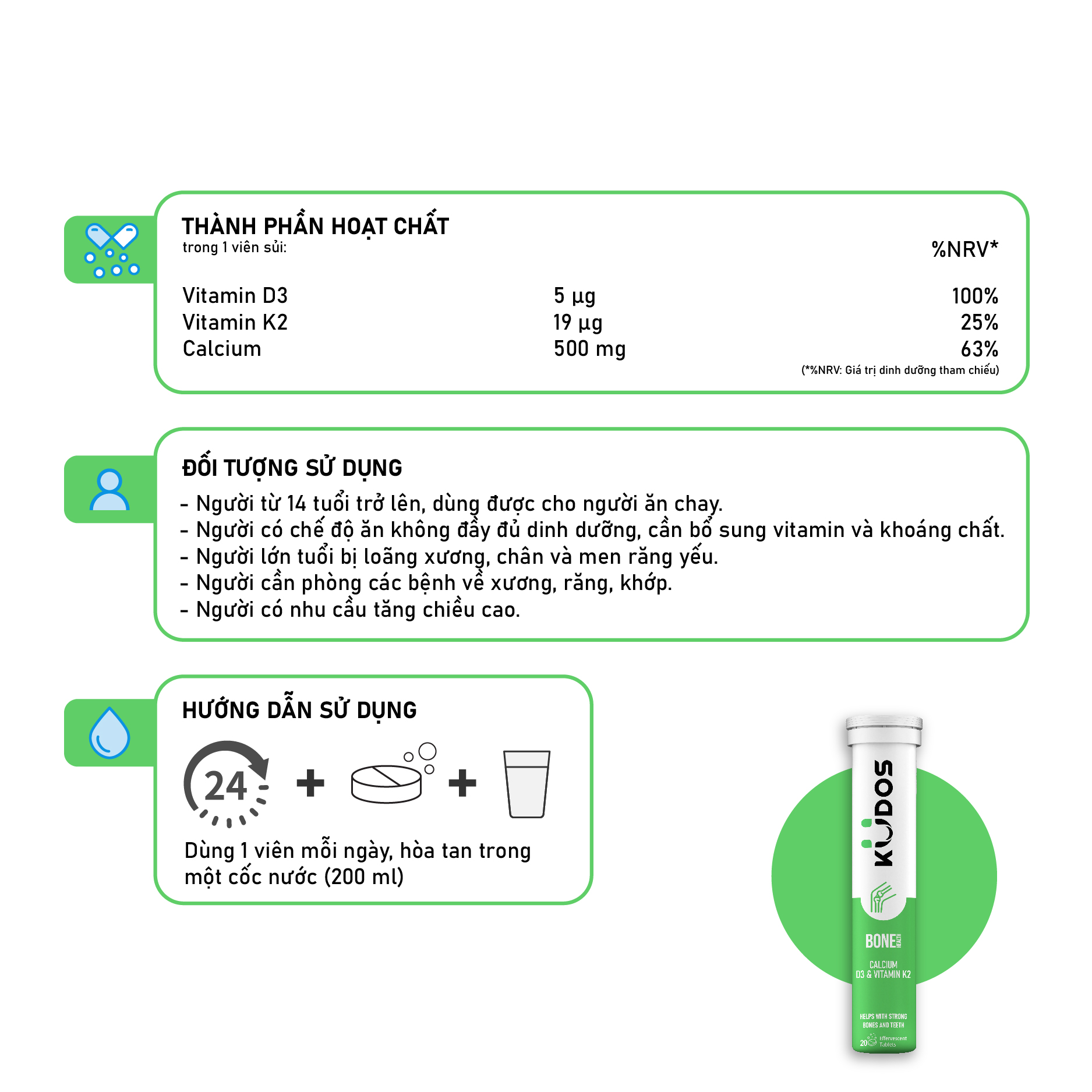 Combo Gia Đình - Viên Sủi Vitamin Canxi & D3 KUDOS KIDS + Viên Sủi KUDOS BONE + Viên Sủi KUDOS DAILY