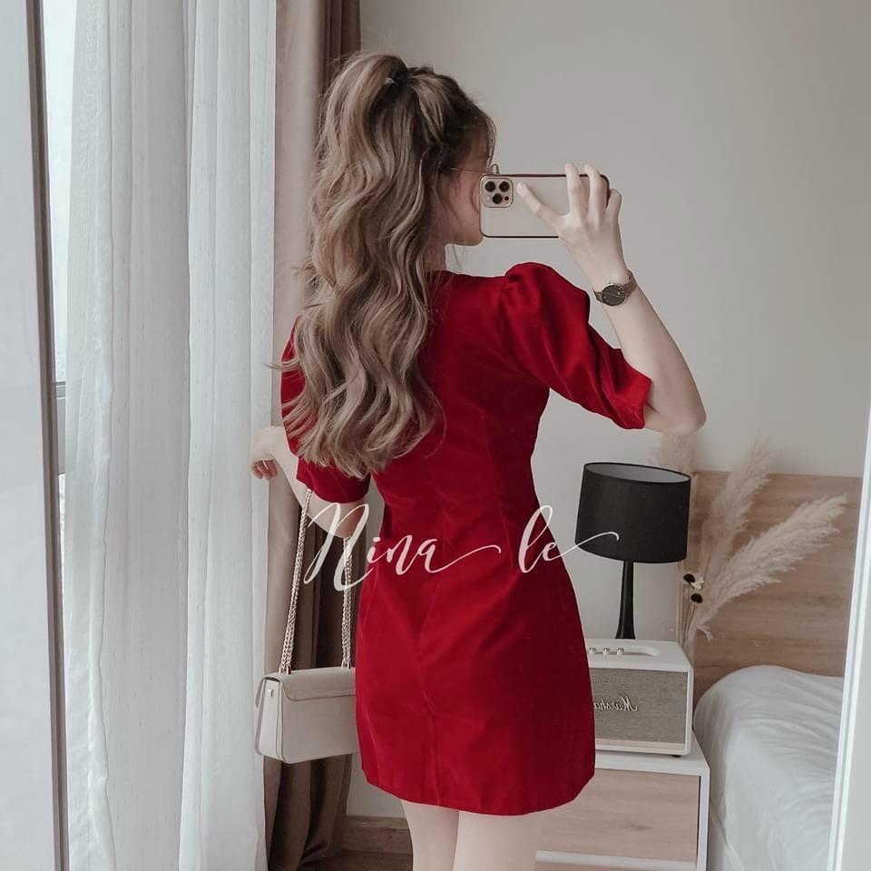 Đầm nhung đỏ nơ xoắn ngực dáng ngắn xòe dự tiệc chơi noel du xuân đón tết