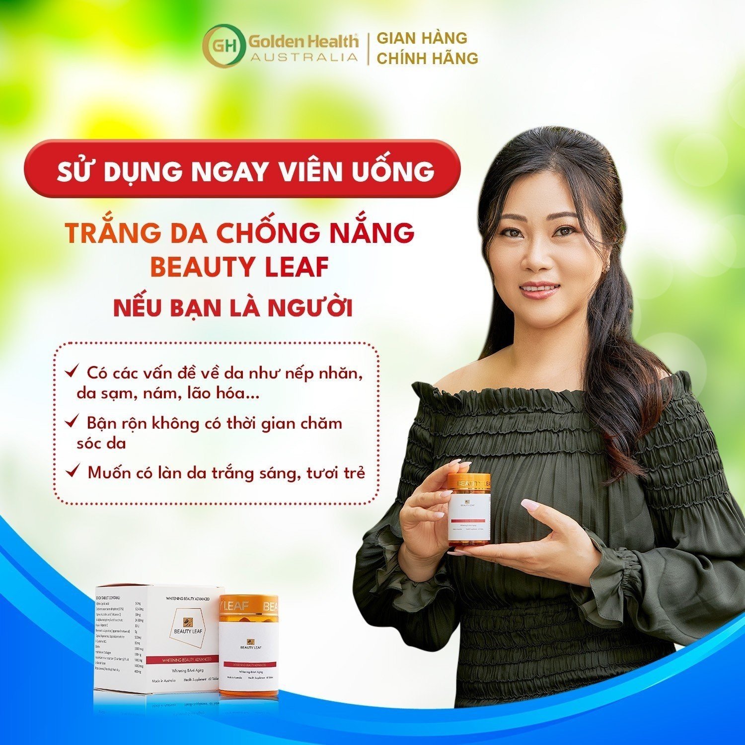 [GOLDEN HEALTH] Viên Uống Trắng Da, Chống Nắng Beauty Leaf Whitening Beauty Advance (60 viên) Nuôi Dưỡng Làn Da Trắng Sáng, Hồng Hào Từ Sâu Bên Trong, Làm Giảm Sạm, Nám, Tàn Nhang - Nhập Khẩu Chính Ngạch Từ Úc