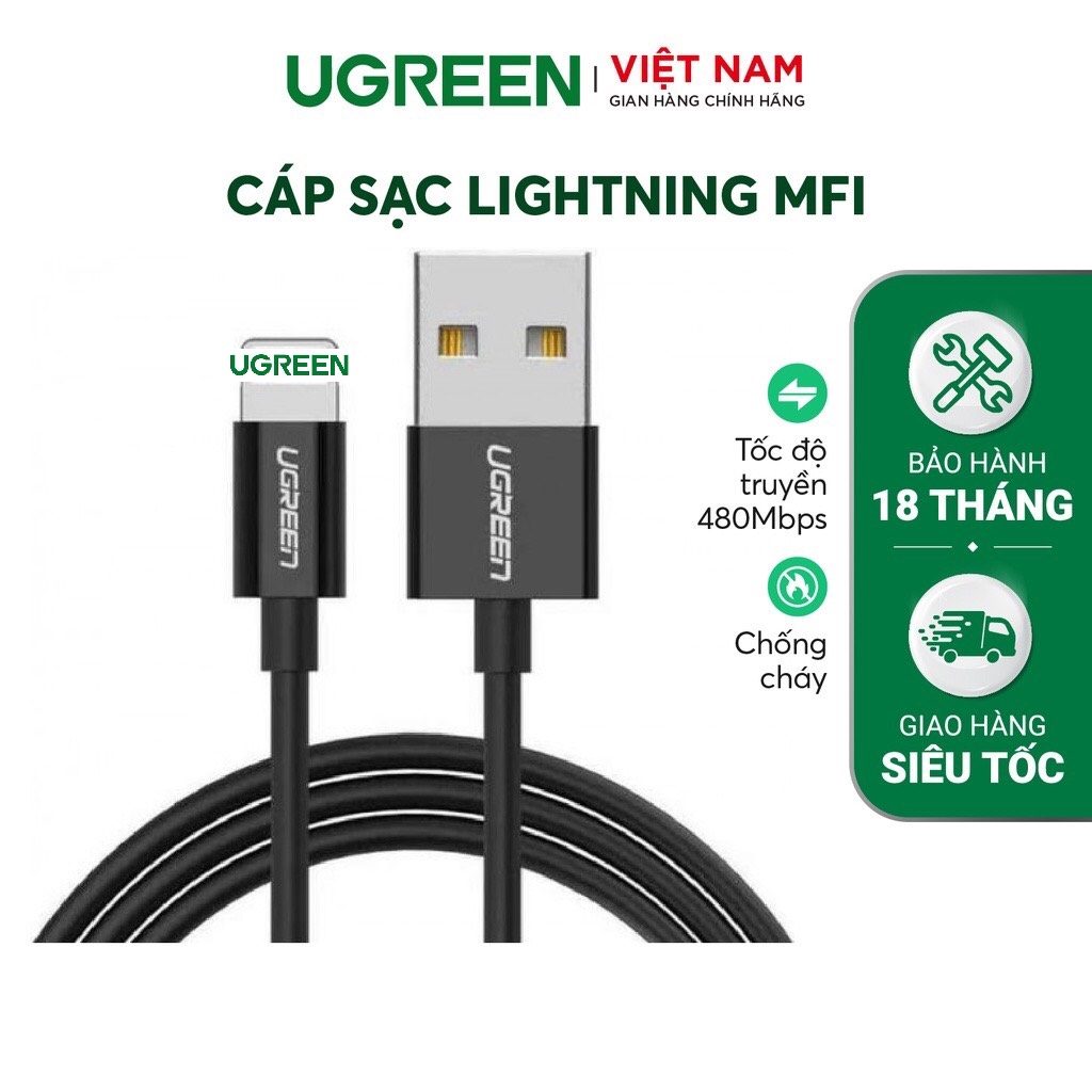 Cáp Sạc Light ning Chuẩn MFi UGREEN US155 - Sạc Ổn Định Dòng 2.4A - Sạc Nhanh Cho Iphone Ipad - Tốc Độ Truyền 480Mbps