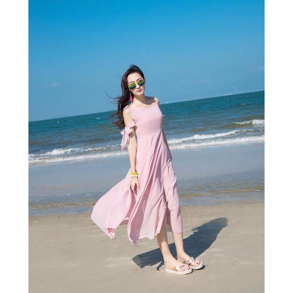 Đầm Maxi Rớt Vai Chất Chiffon Lót Thun,Co Giãn Nhẹ,Thoáng Mát. Đầm thích hợp cho chị em đi chơi,đi biển