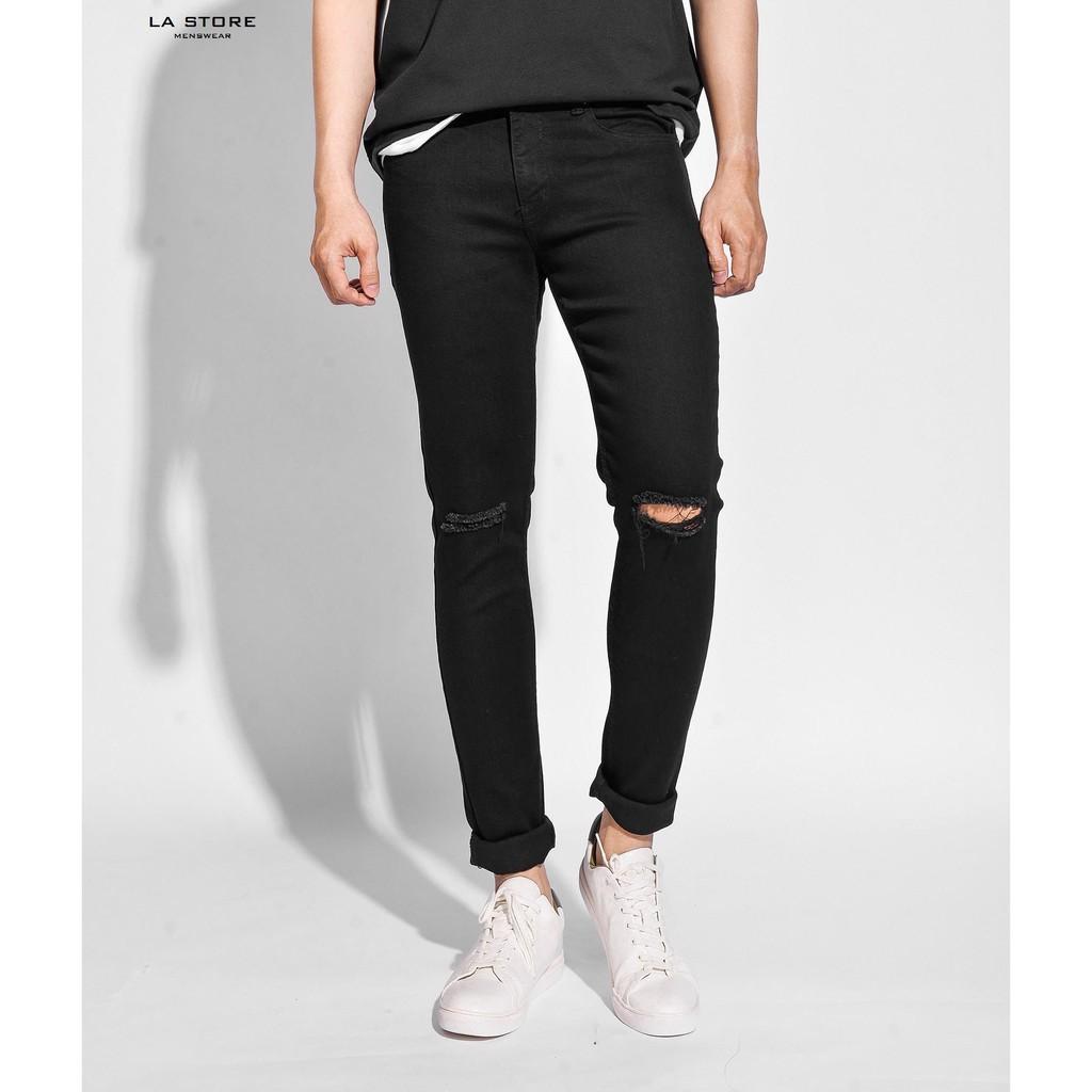 Quần jean nam 10F20DPA101CR1 - Quần Jean nam màu đen rách gối form skinny