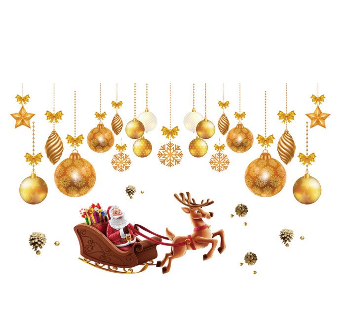 Decal trang trí Noel - Ông già Noel cưỡi tuần lộc và rèm châu vàng