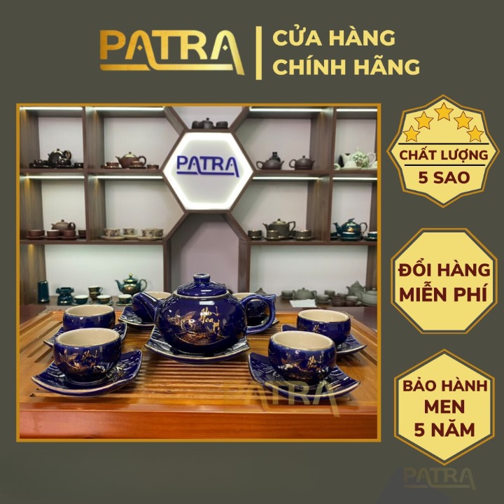 Bộ ấm chén uống trà cao cấp , bộ ấm trà Bát Tràng - vinh hoa phú quý xanh coban số 2