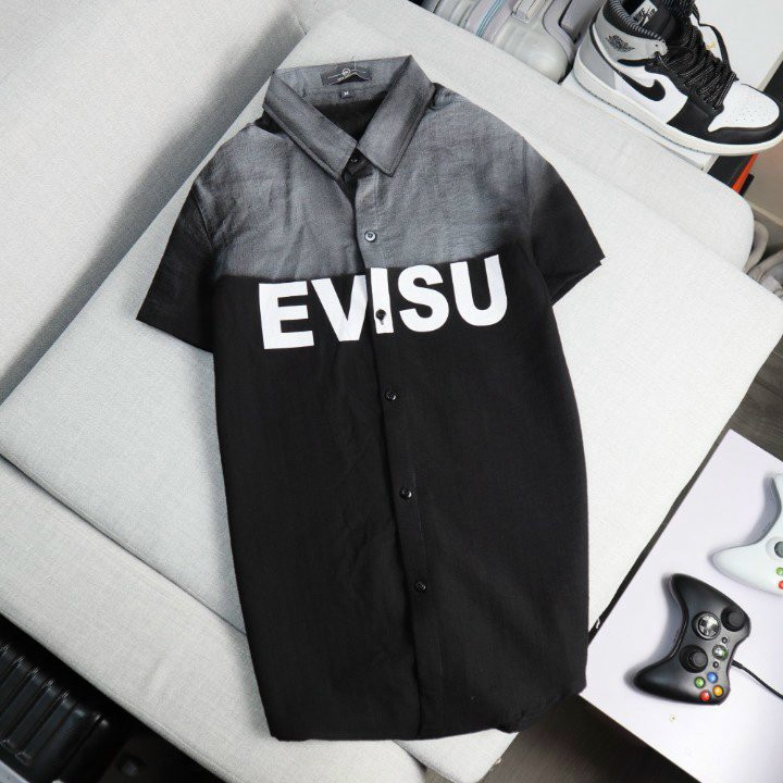 Áo sơ mi nam vải đũi tay ngắn in EVISU phong cách Hàn quốc