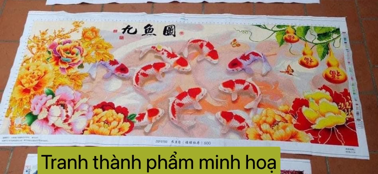 Tranh thêu kín chữ thập Cửu ngư quần hội 62336
