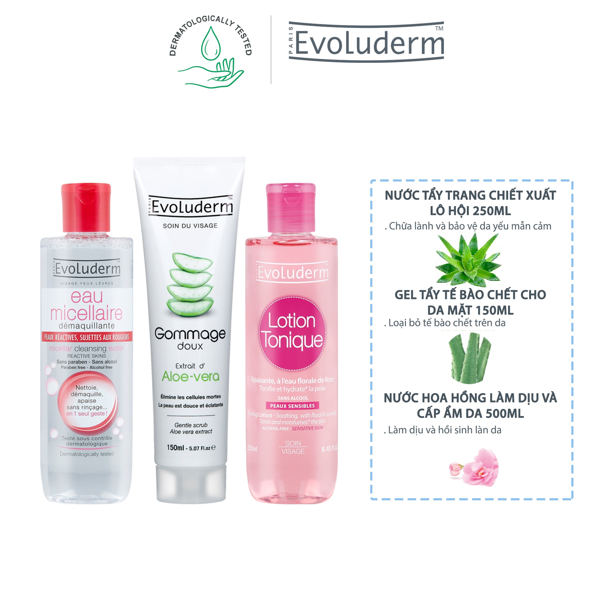 Bộ Combo TẨY TRANG MICELLAIRE EVOLUDERM 250ml và TẨY TẾ BÁO ALOE VERA 150ml  và NƯỚC HOA HỒNG 250ML