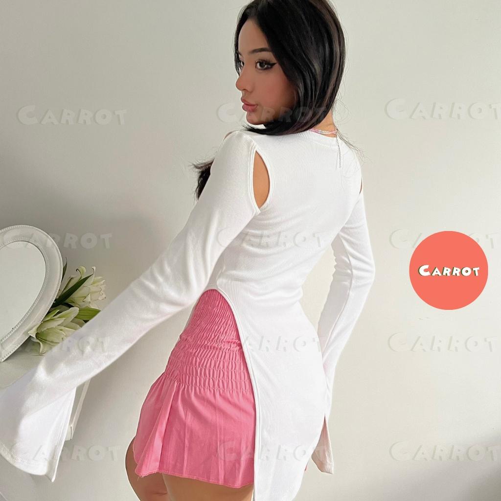 Croptop ôm tay dài trắng áo body nhúm chân váy tôn dáng trendy thời trang nữ carrotxinhdep