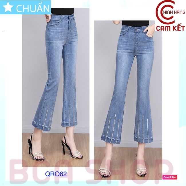 Quần jean nữ ống loe QRO62 ROSATA tại BCASHOP dáng lửng trên mắt cá, thêu dọc cách điệu ở lai, lưng cao 1 nút, phom chuẩn, chất liệu jean cao cấp - màu xanh