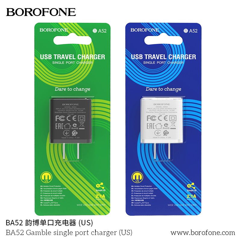 Cóc Sạc Borofone BA52 - 1 Cổng USB 2.1A chuẩn US- Hàng Nhập Khẩu ( Giao màu ngẫu nhiên)