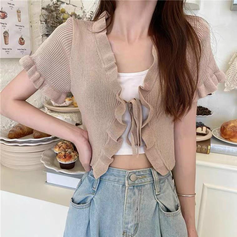 ÁO NỮ CROPTOP THUN GÂN PHỐI BÈO CỘT DÂY
