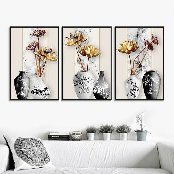 Bộ 3 Tranh Canvas Viền Composite Trang Trí "Hoa Sen" W284