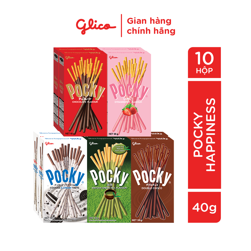 Bánh que phủ kem nhiều vị GLICO Pocky (Combo 10 hộp - 2 socola 2 dâu 2 cookie 2 matcha 2 double choco)