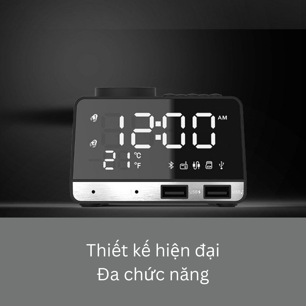 Đồng Hồ Để Bàn LED Báo Thức Mini Decor Điện Tử Nghe Radio FM Kết Nối Loa Bluetooth Pin Sạc USB Hiện Đại