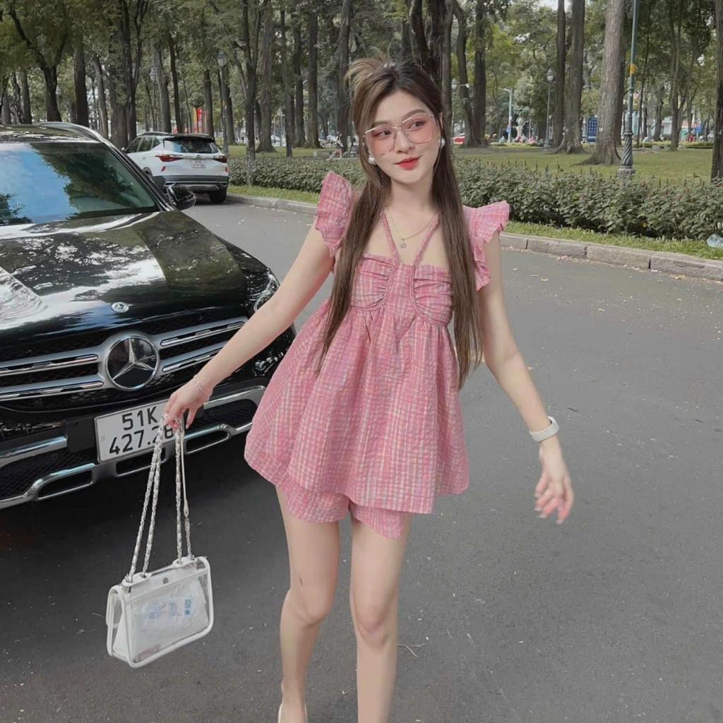 Sét bộ đùi mocking xốp caro tay bèo nhún ngực cổ phối dây siêu xinh