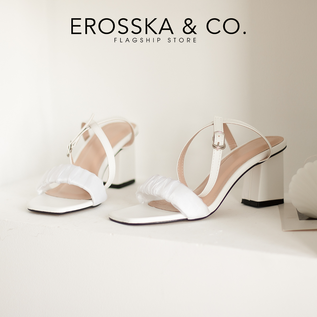 Erosska - Giày sandal cao gót nữ quai nhún lưới phối dây quai mảnh cao 7cm  - EB050