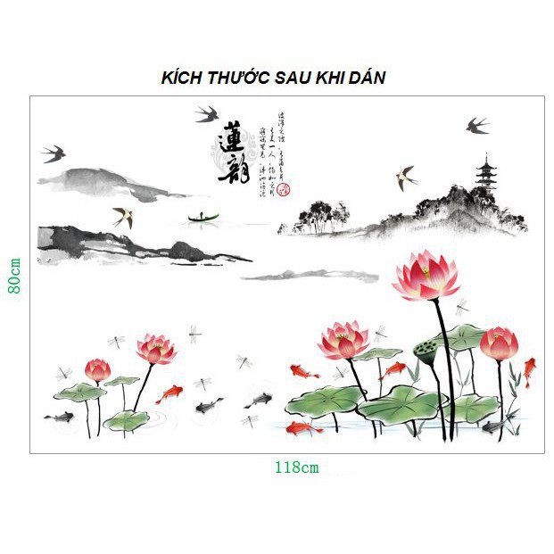 Decal dán tường Mẫu đơn chim én và sen phong thủy - HP500
