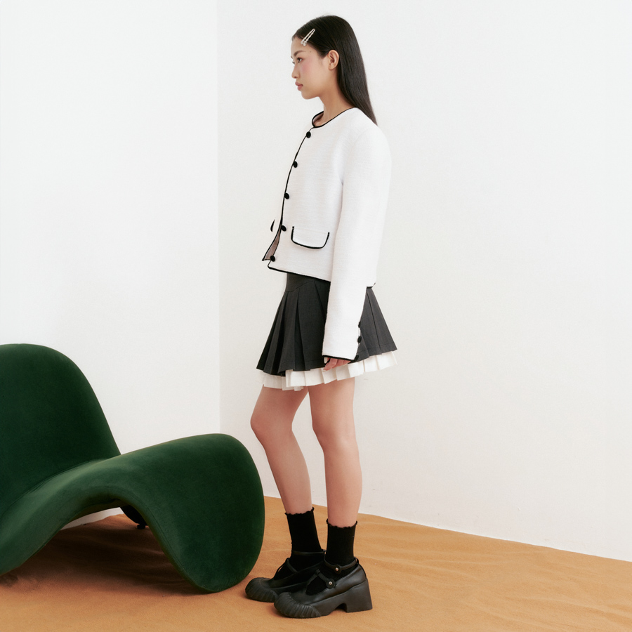 DOTTIE - Áo khoác vải tweed phối viền - Trắng - T0845