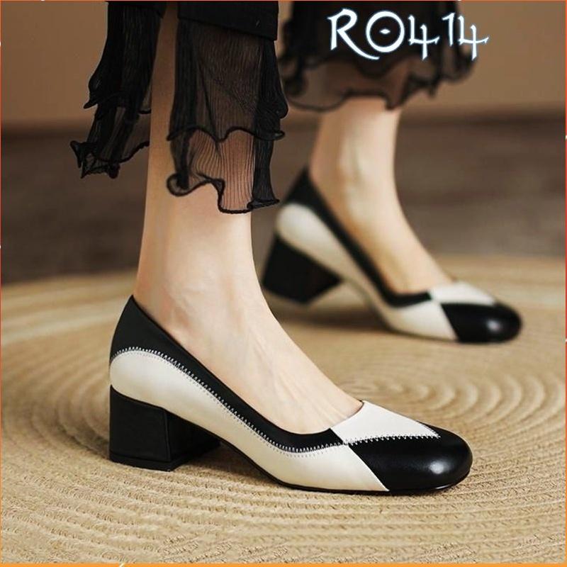 Giày cao gót nữ đẹp đế vuông 4 phân hàng hiệu rosata hai màu đen nâu ro414