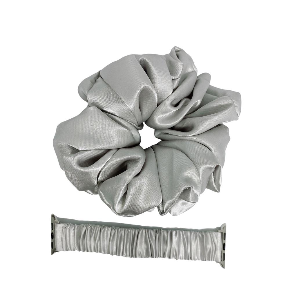 Combo dây đồng hồ apple watch và scrunchies dây cột tóc, buộc tóc vải satin lụa Bạc Noel