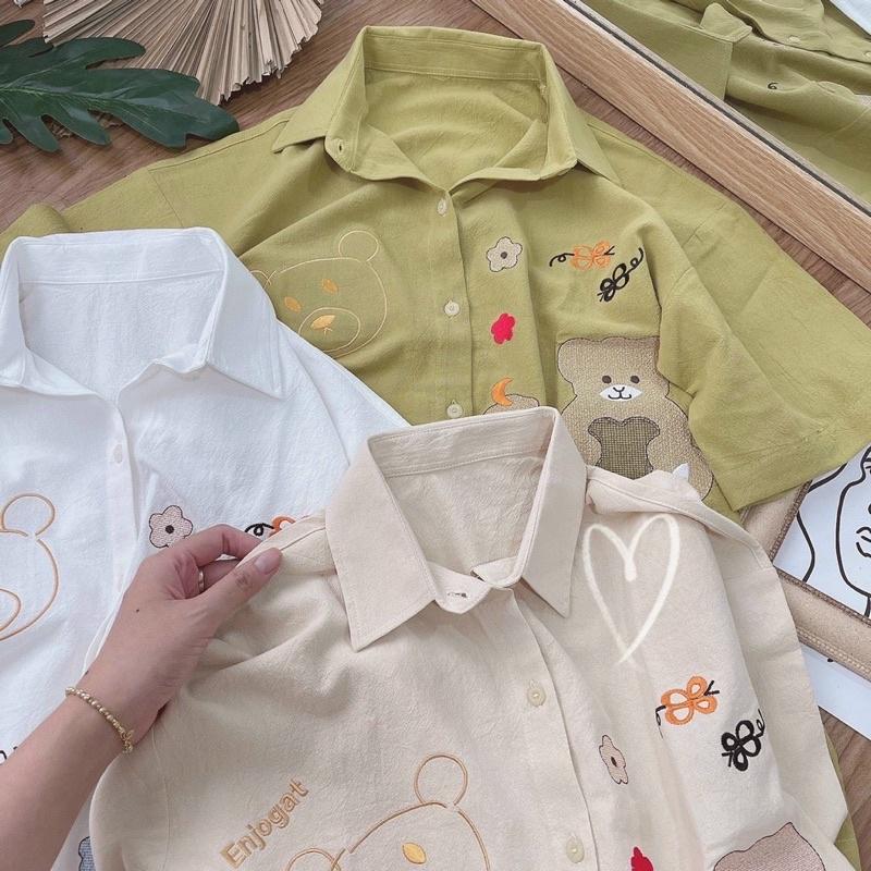 Áo sơ mi tay ngắn thêu gấu