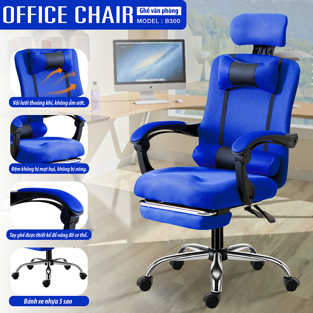 Ghế lưới văn phòng, ghế gaming  chân xoay cao cấp ngã 135 độ Mẫu B300 BLACK