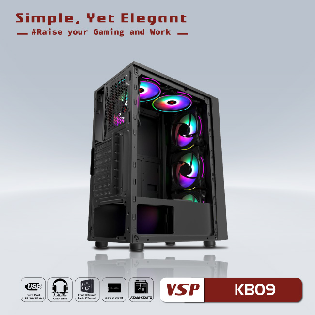 Vỏ máy tính Case VSP KB09 [ĐEN] Gaming kính cường lực (Không kèm Fan, ATX/M-ATX/ITX) - Hàng chính hãng VSP phân phối