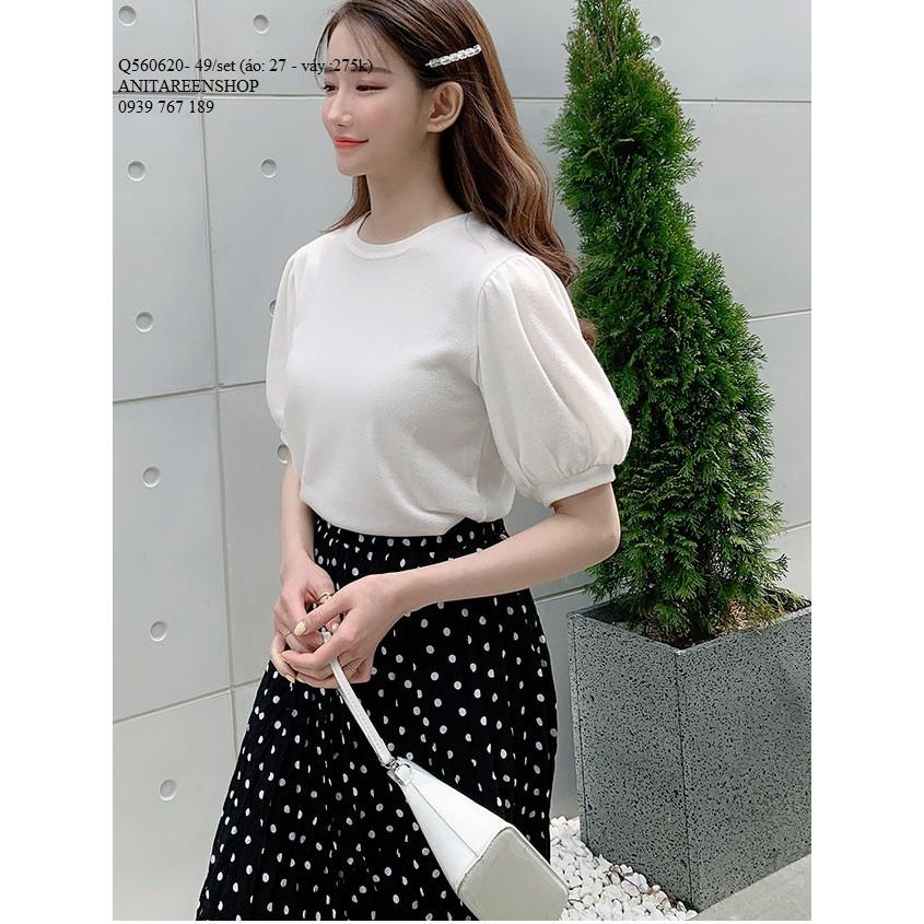Q560620 SET ÁO KIỂU PHỐI CHÂN VÁY CHẤM BI