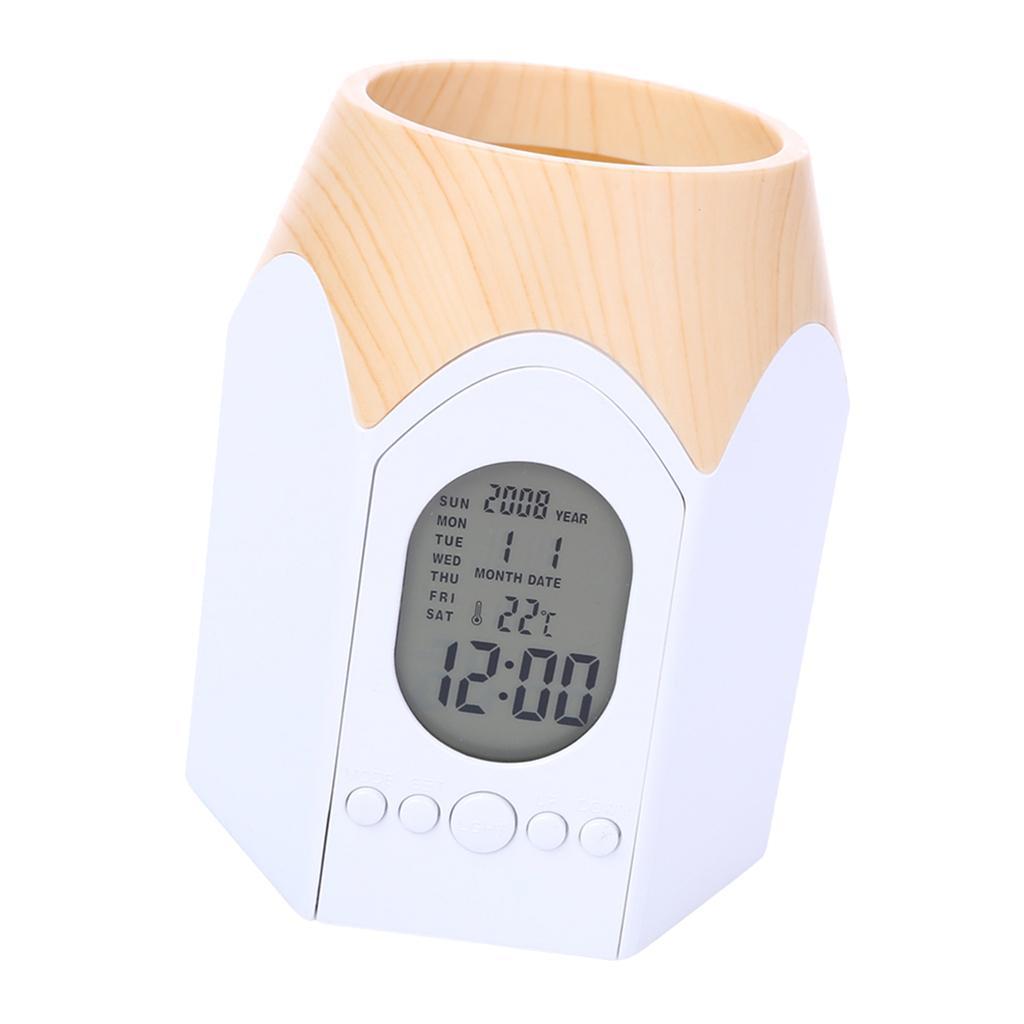 LCD Desktop Alarm Clock Calendar Pen Pencil Stationery Holder Container