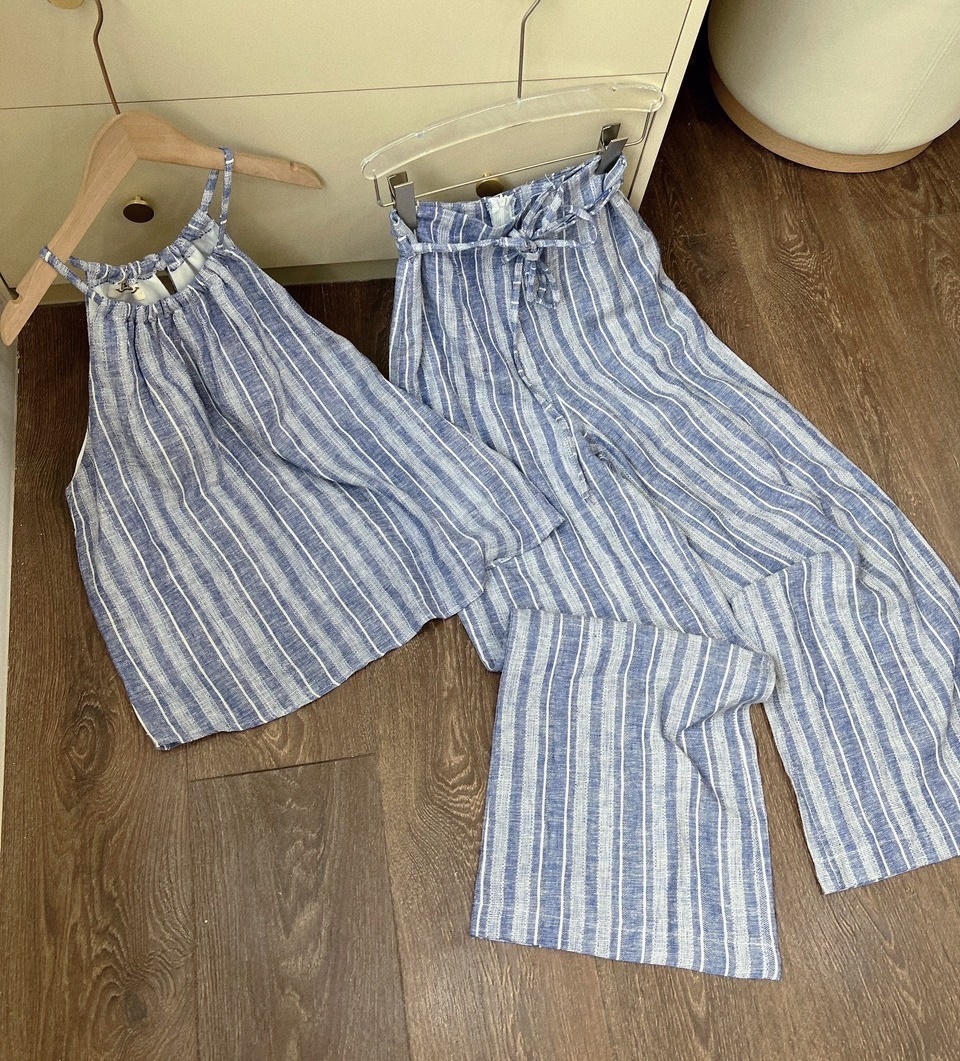 SET ÁO 2 DÂY YẾM SUÔNG TRƠN SÁT NÁCH CROPTOP + QUẦN DÀI ỐNG RỘNG LƯNG CAO SỌC JUMPSUIT ĐI BIỂN DẠO PHỐ ĐI CHƠI ĐI TIỆC