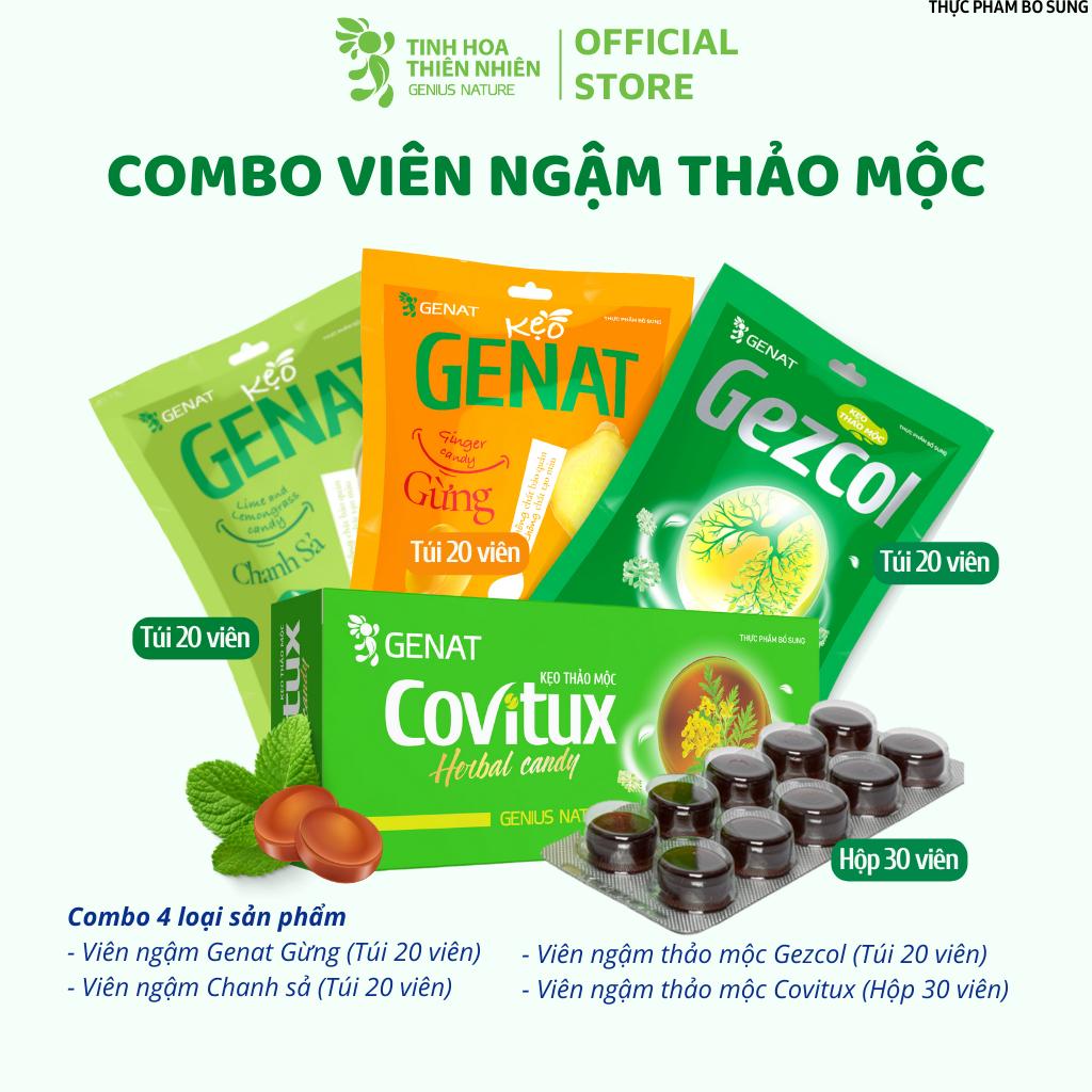 Combo 4 sản phẩm kẹo Genat - Kẹo thảo mộc Covitux (Hộp 30v), Gezcol , Genat Gừng, Genat chanh sả (túi 20v)