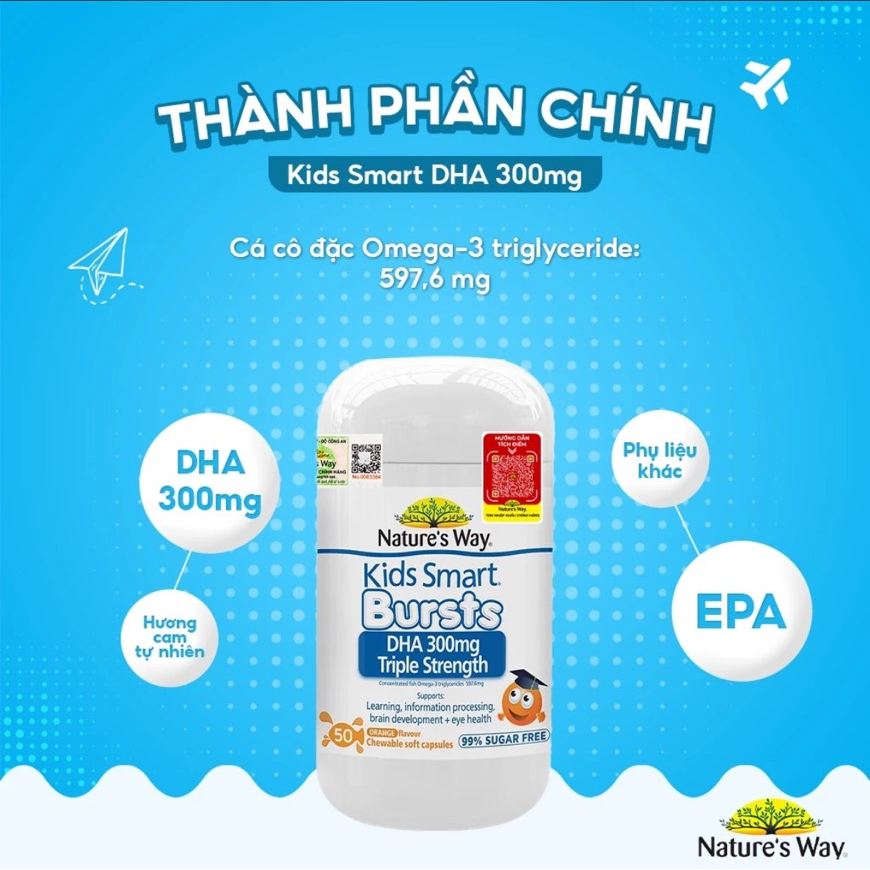 Viên nhai bổ sung DHA cho bé Nature's Way Kids Smart DHA 300mg Triple Strength 50 viên giúp phát triển trí não