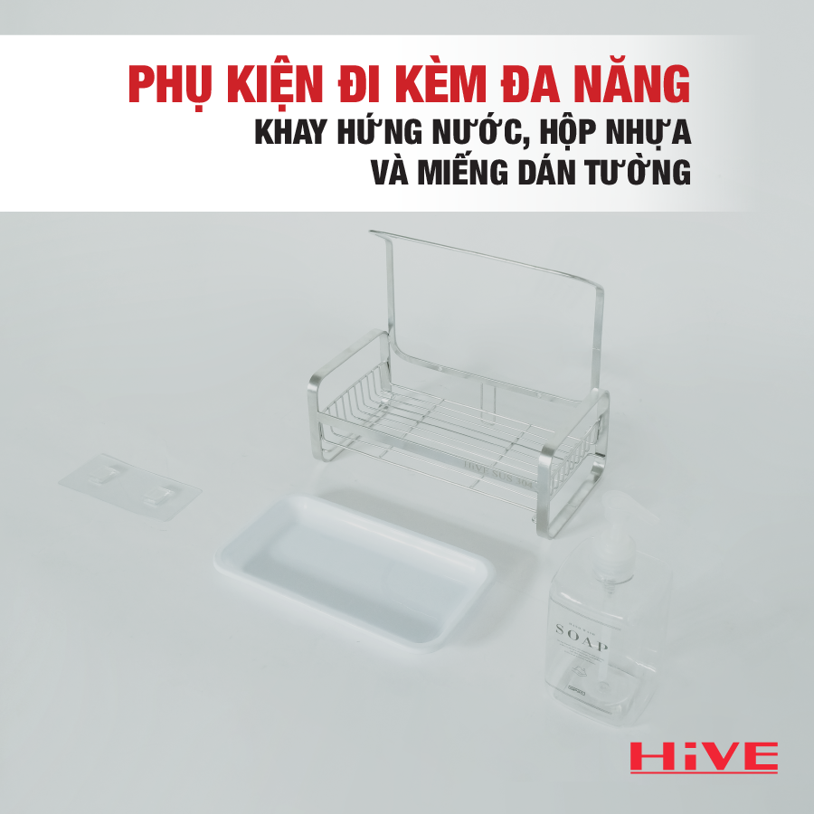 Rổ đựng dụng cụ rửa chén HiVE (NEW COLLECTION) Kèm Hộp nhựa + Khay nhựa + Miếng dán tường