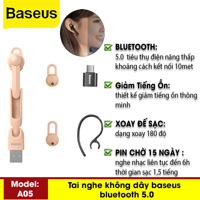 Tai Nghe Không Dây Baseus Encok A05 Bluetooth 5.0 Tiện Dụng Trên Ô Tô Xe Hơi Kèm Míc Pin Chờ Đến 15 Ngày -Hàng Chính Hãng