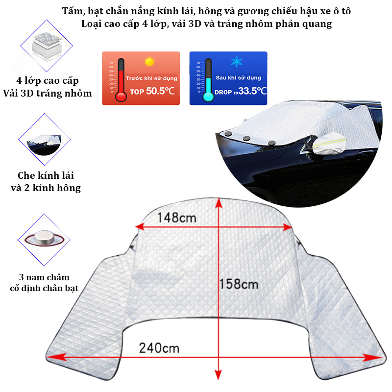 Tấm, bạt chắn nắng kính lái, hông xe và gương chiếu hậu xe ô tô 4 lớp phản quang cao cấp