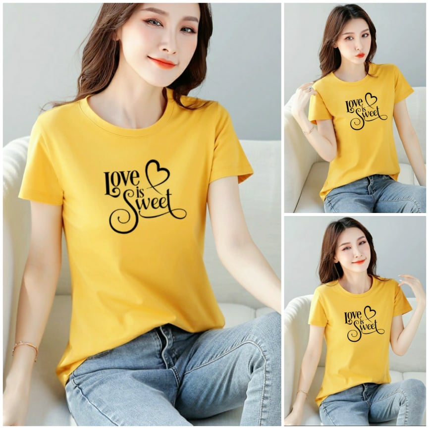 Áo thun nữ cổ tròn form suông vừa in chữ Love is Sweet thun cotton 4 chiều từ 40-55kg