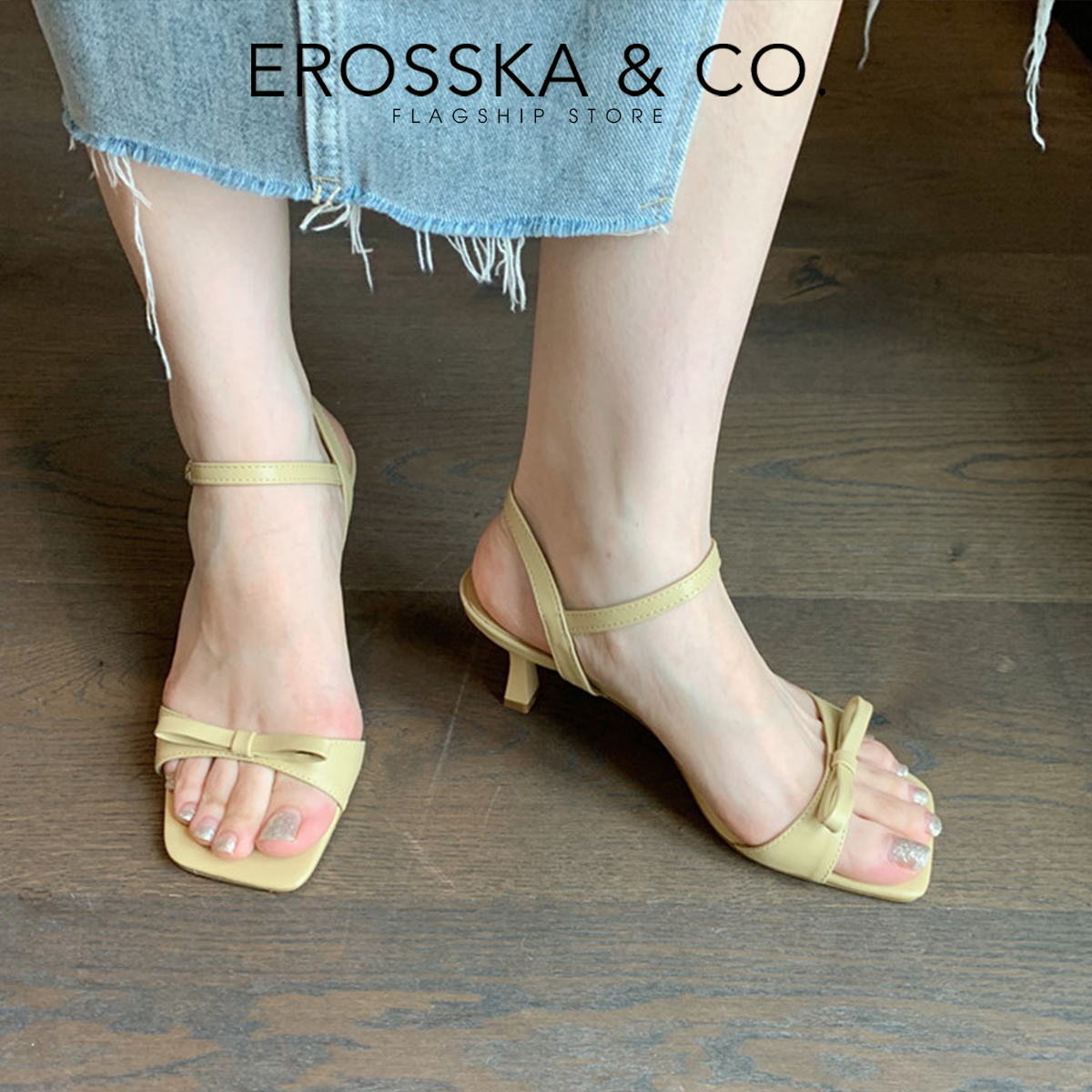 Erosska - Giày sandal cao gót nhọn quai ngang phối nơ thời trang công sở cao 7cm - EB056