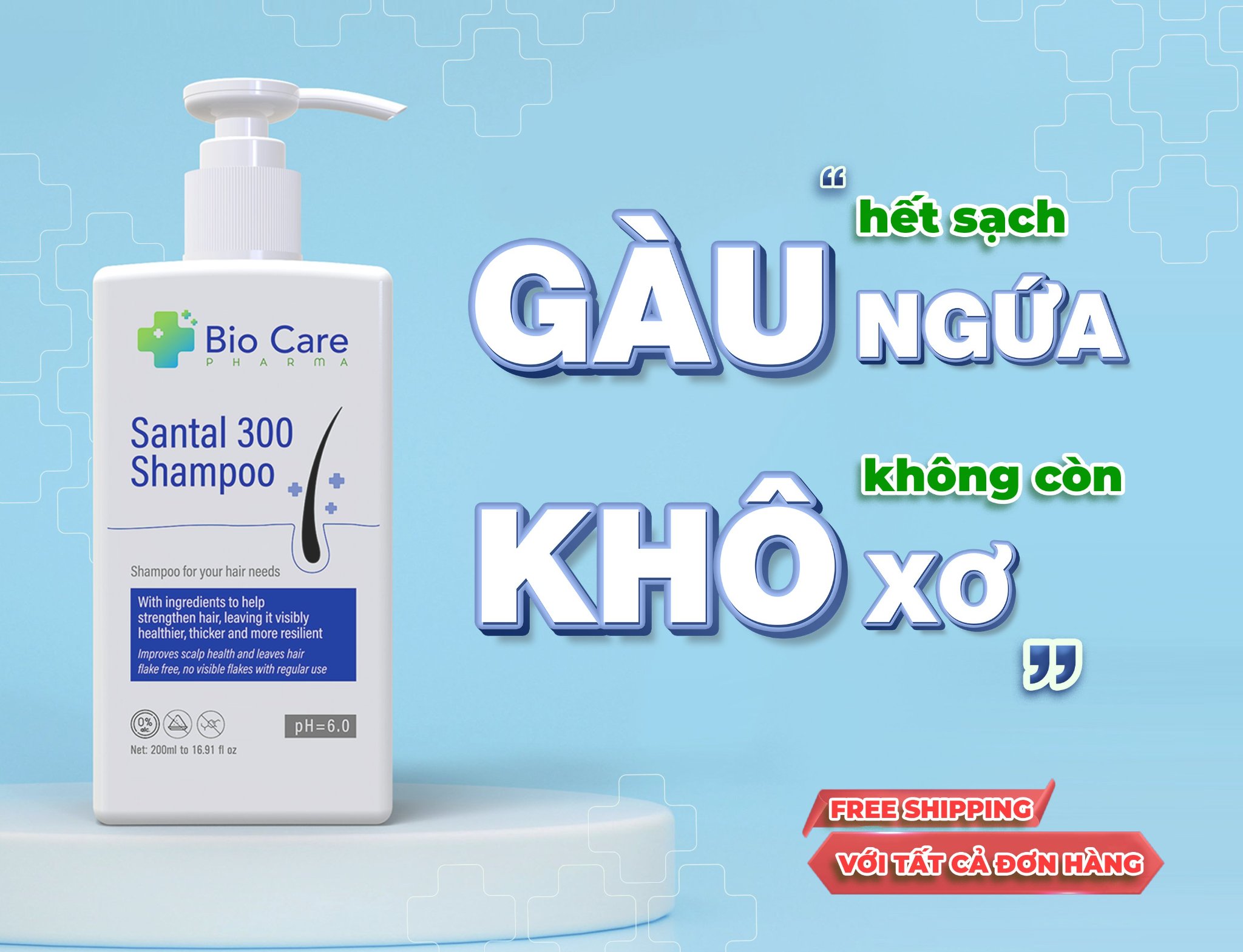 Dầu gội dược liệu BIO CARE PHARMA giảm gàu, nấm ngứa da đầu Santal 300 Shampoo 200ml