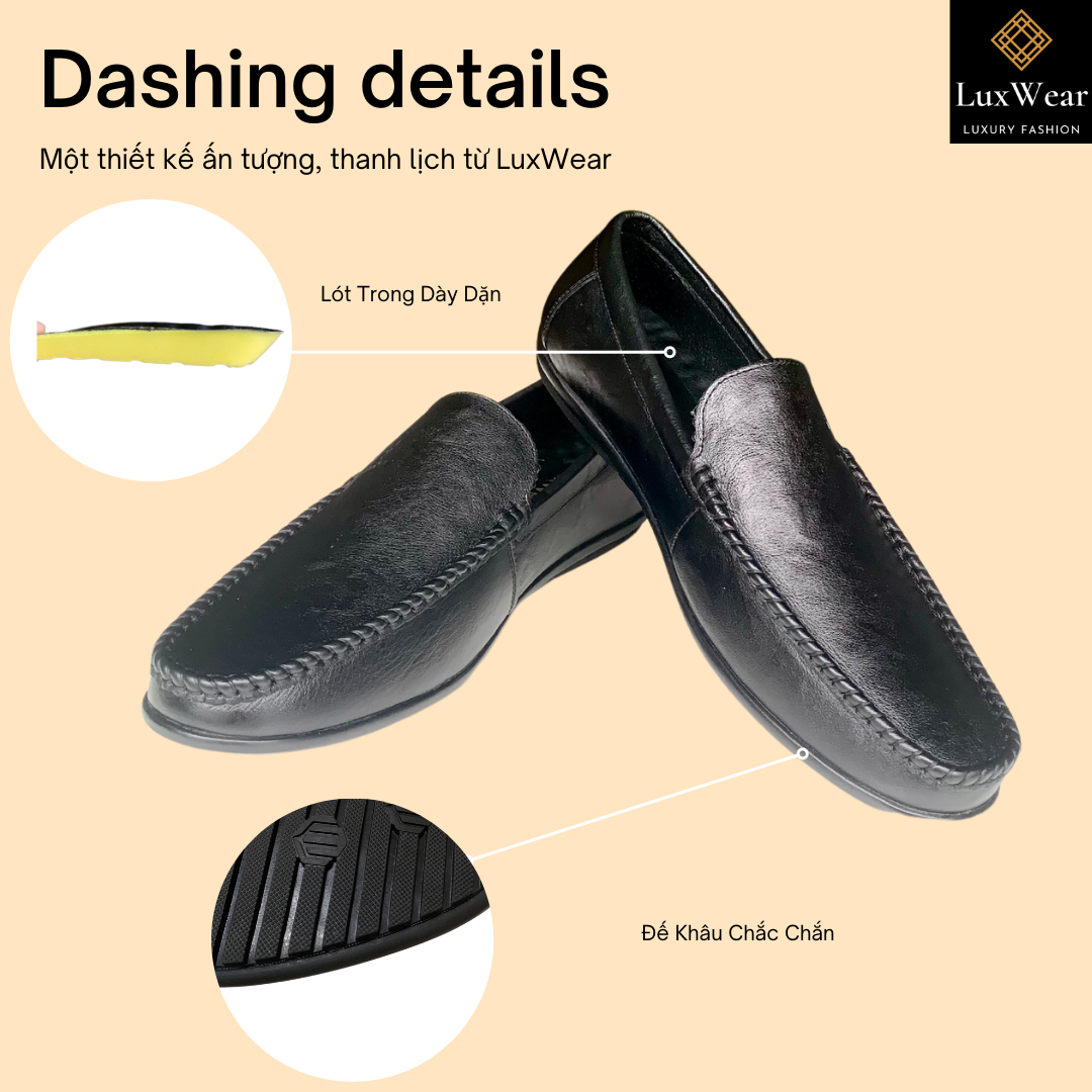 Giày lười nam da bò cao cấp đế khâu shoes màu đen bảo hành 12 tháng GM01