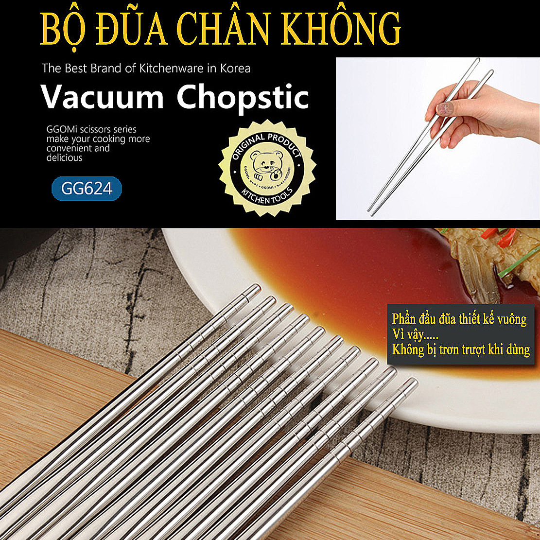 Bộ 10 đôi đũa inox hút chân không siêu nhẹ an toàn cho sức khỏe, dài 28cm GGOMi Hàn Quốc GG624