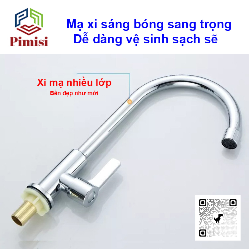 Vòi Rửa Chén Lạnh 1 Đường Nước INOX 304 Pimisi Cao Cấp Mạ Xi Cr/Ni Sáng Bóng Cổ Xoay Bi Cấp Nước Cho Chậu Rửa Bát 1-2-3 Hố Trong Nhà Bếp Gắn Chậu Âm - Dương Bàn Đá Quay 360 Tăng Áp Kiểu Đơn Cổ Ngỗng Cần Cứng - Thân - Để To | Hàng chính hãng